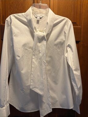 Nine West White Tie-Neck Long Sleeve Dress Shirt